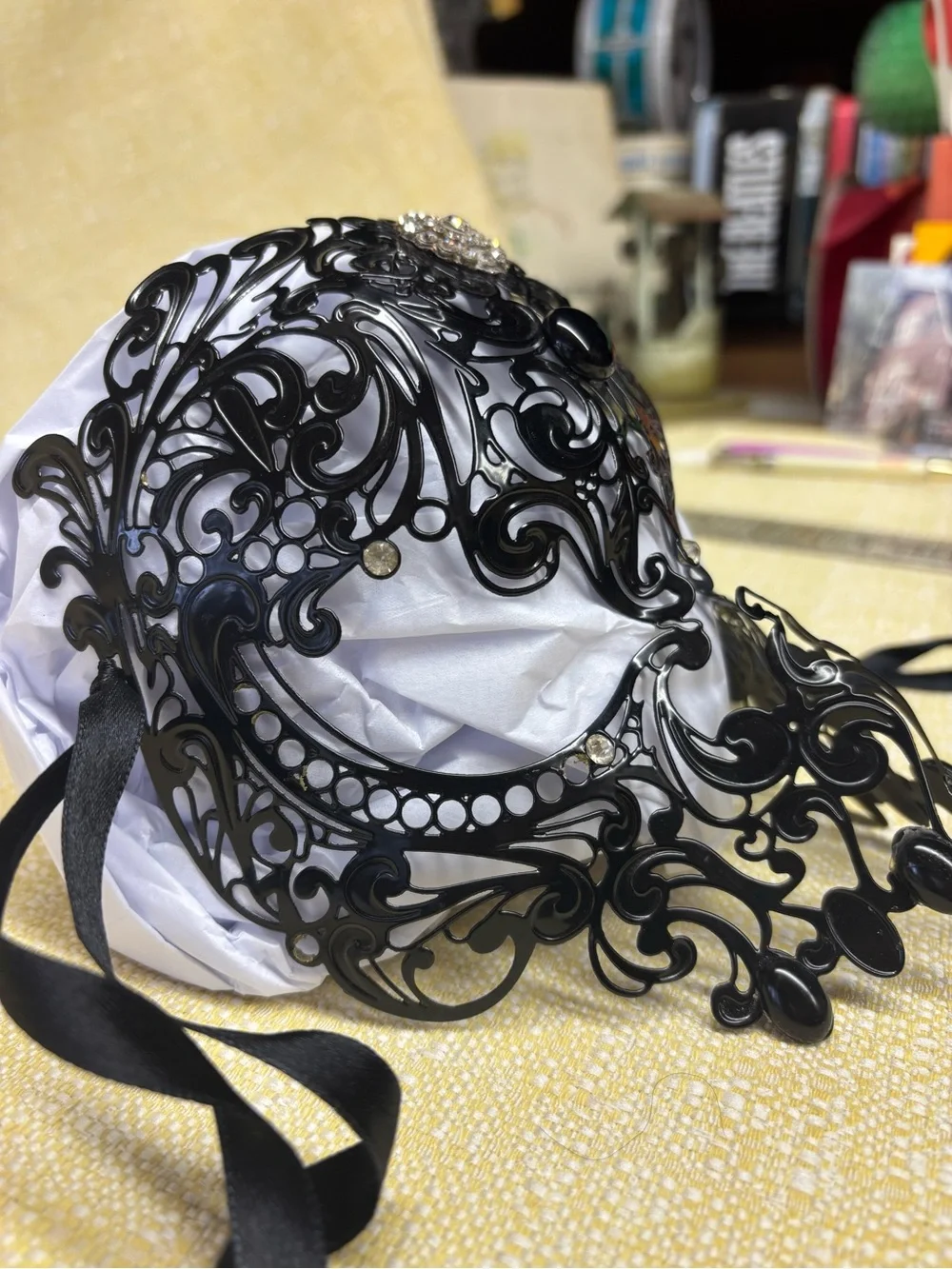 Ornate Black Filigree Rhinestone Masquerade Mask